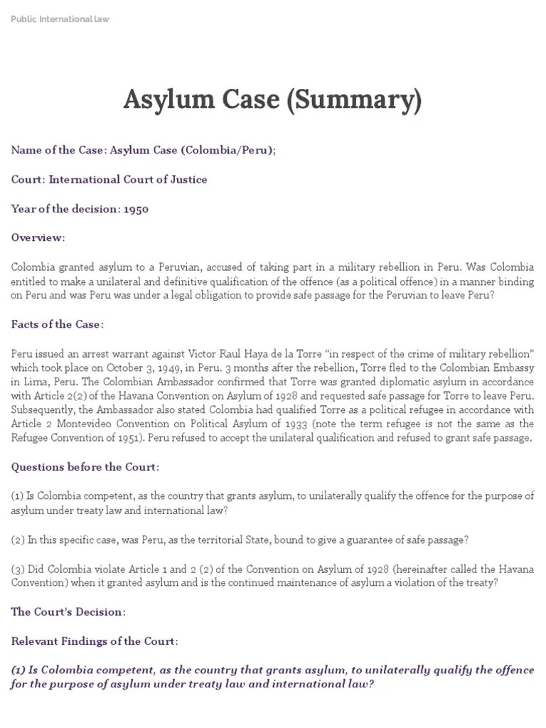 Asylum Case (Summary) Public International Law PDF Asylum Seeker