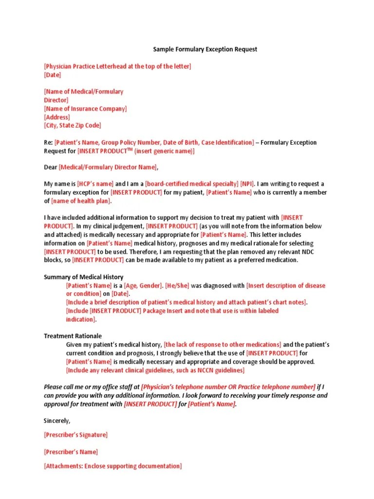 Sample Letter For Formulary Exceptions PDF