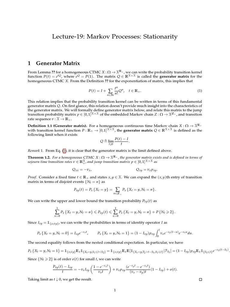 Markov Transition Kernel and The Generator Q Matrix PDF Markov