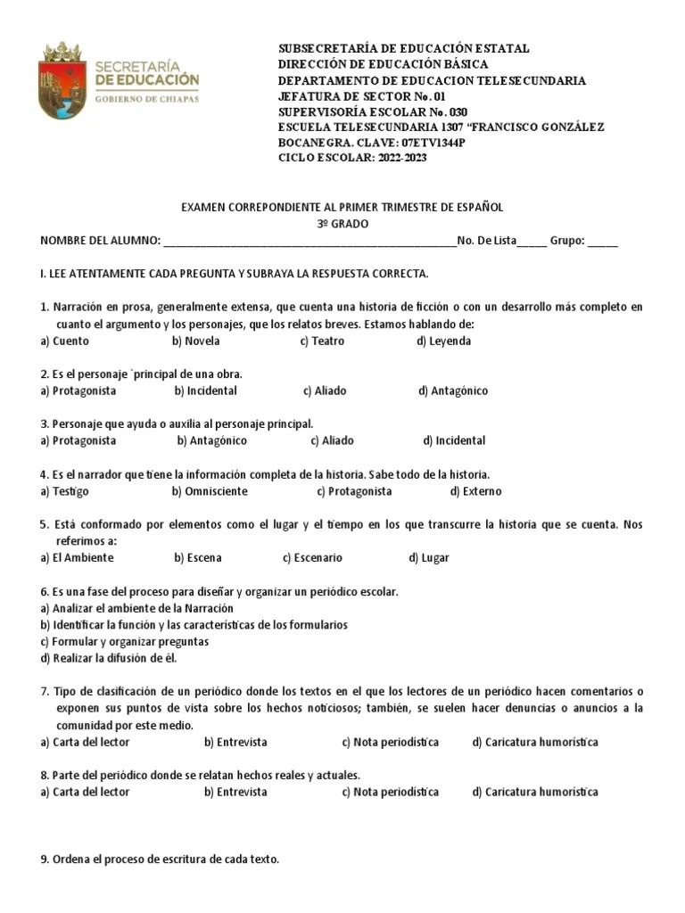 Examen 1 TrimEspañol 3ºa Poyono 202223 PDF Narración