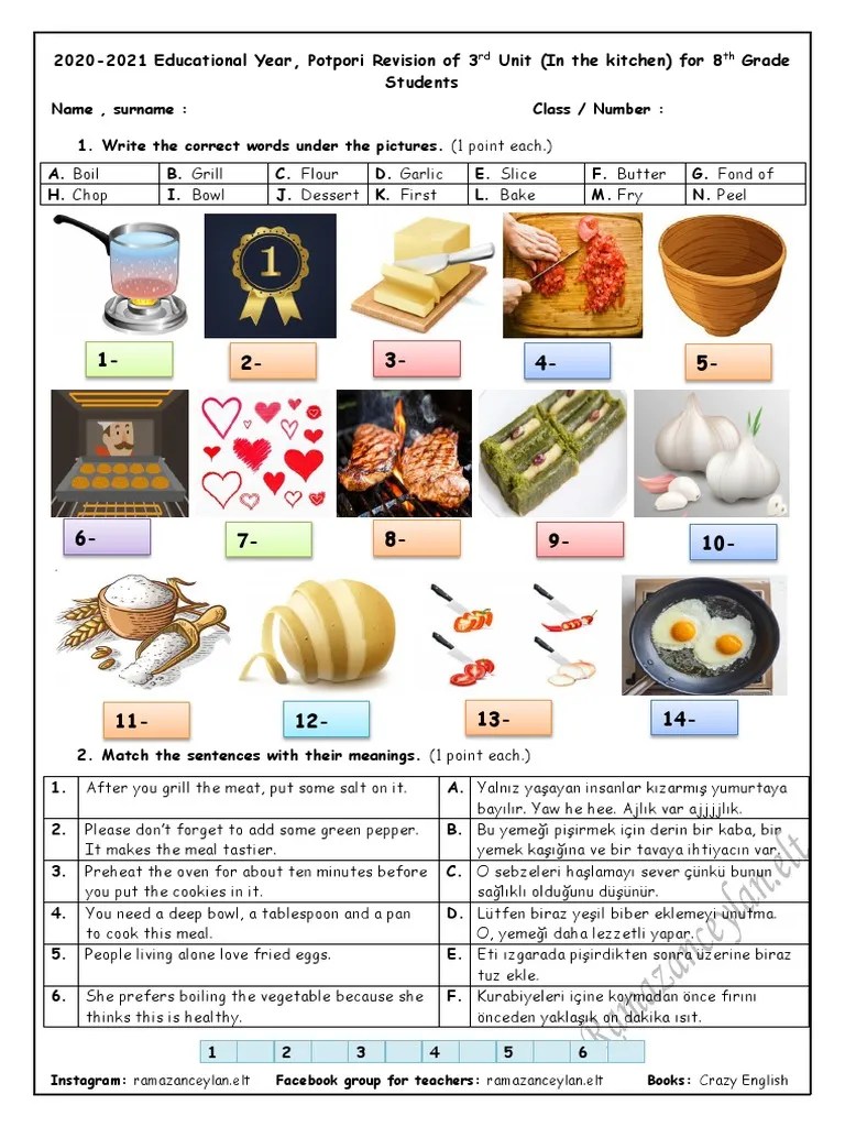 Sınıf 3. Ünite Worksheet PDF Pasta Food Ingredients