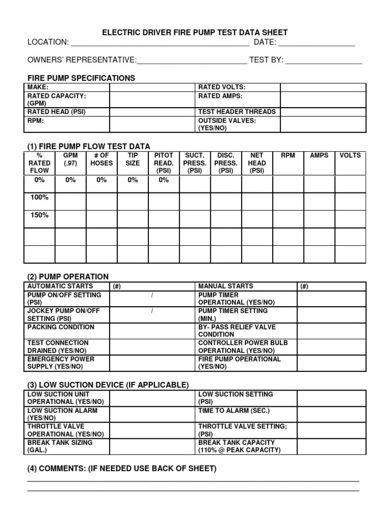 Electric Fire Pump Test Data Sheet PDF Pump Valve
