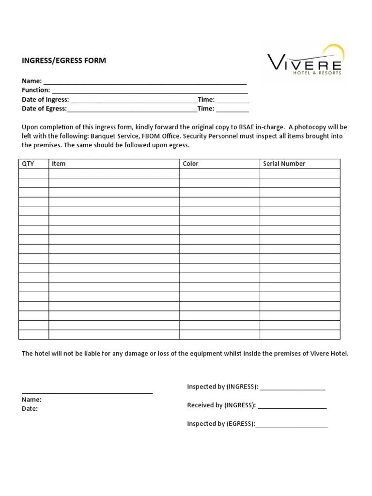 Ingress Egress Form PDF