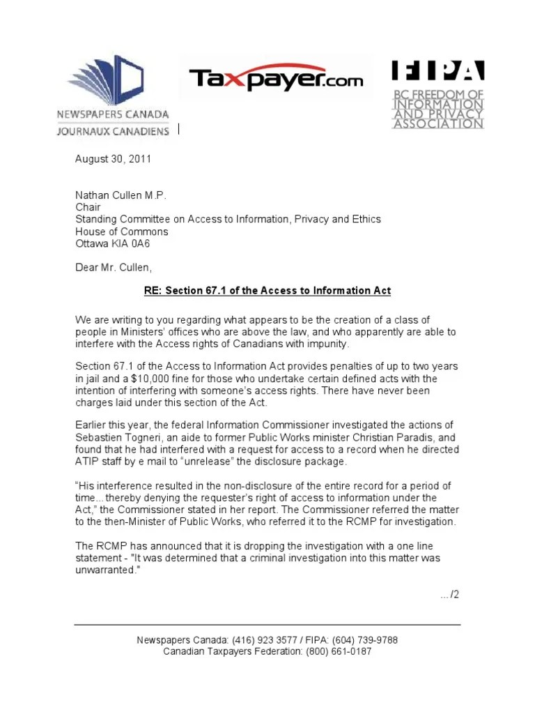 Letter to Ethics Committee Chair Nathan Cullen re Sebastien Togneri