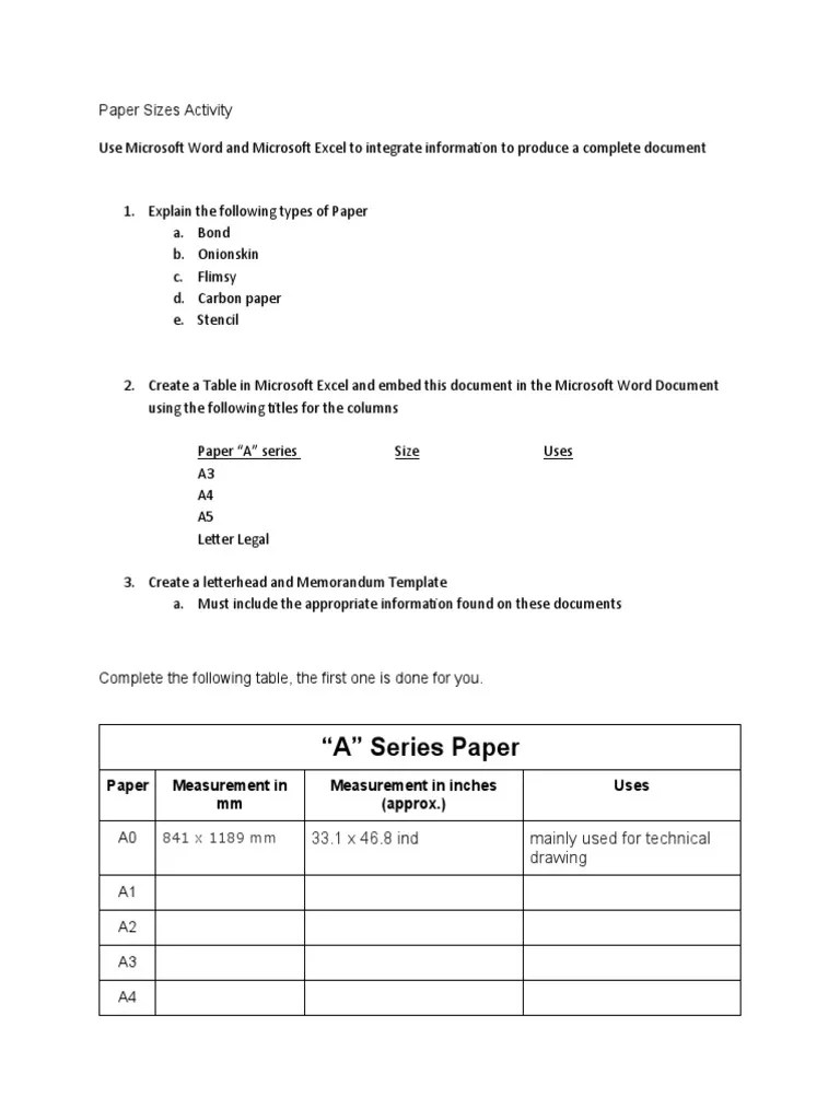Paper Sizes Activity | PDF