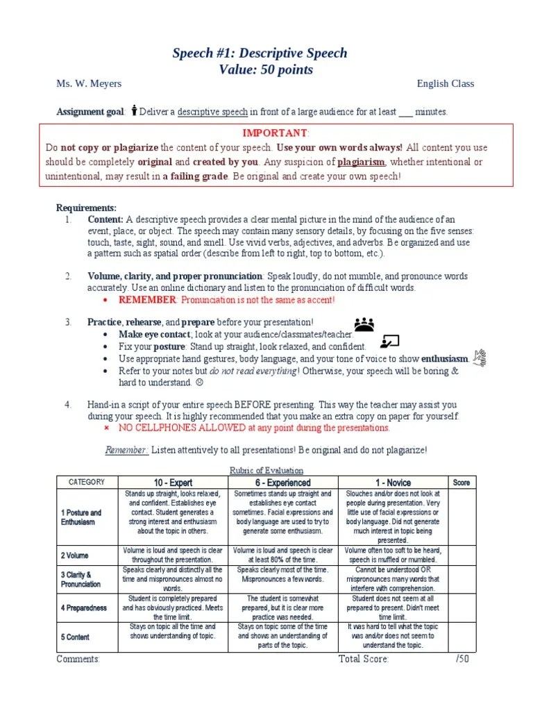 Speech 1 Descriptive Speech PDF Body Language Speech