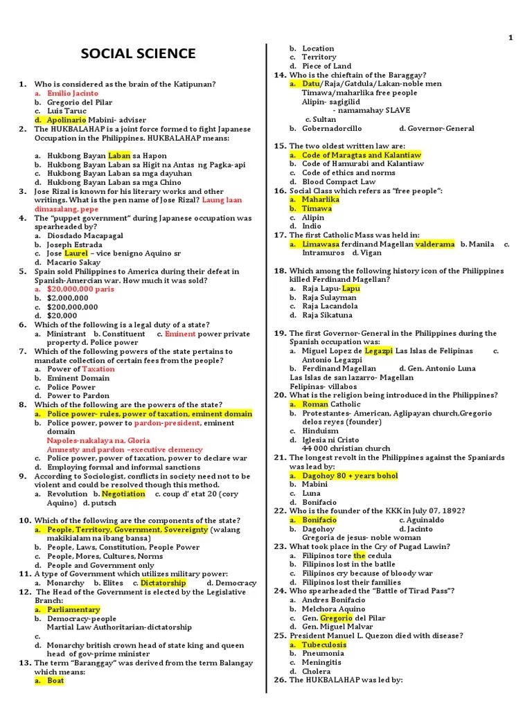 SOCIALSTUDIES Question and Answer Download Free PDF President Of The Philippines World