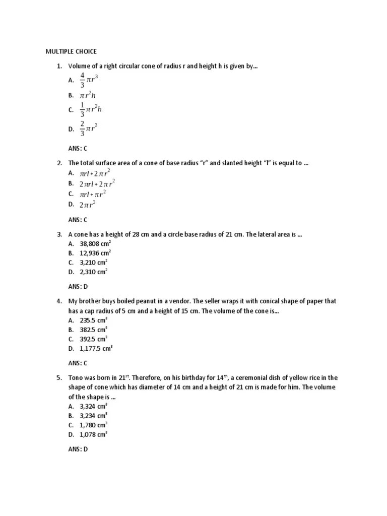 Quiz 2 - Cone | PDF | Area | Manifold
