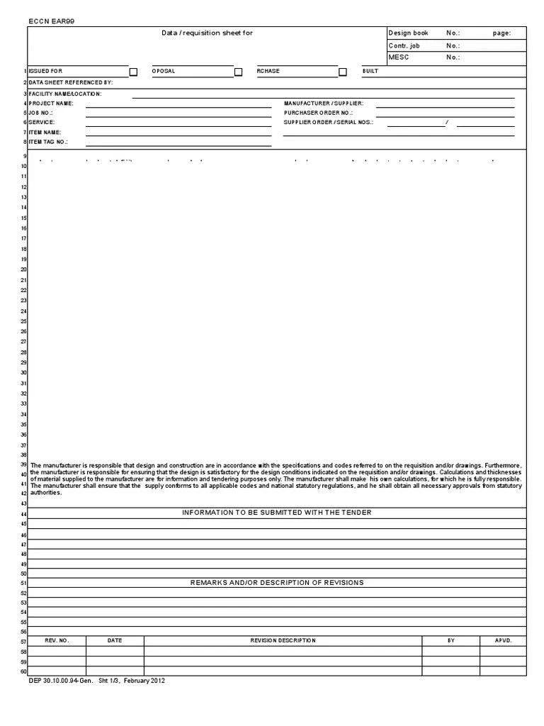 Data / Requisition Sheet For Eccn Ear99 Design Book No. Contr. Job No