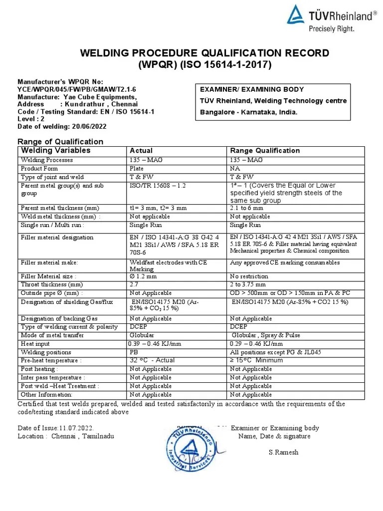 Welding Procedure Qualification Record (WPQR) (ISO 1561412017) PDF Construction Welding