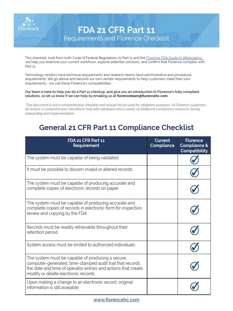 Florence_FDA_21_CFR_Part_11_Checklist PDF Records Management