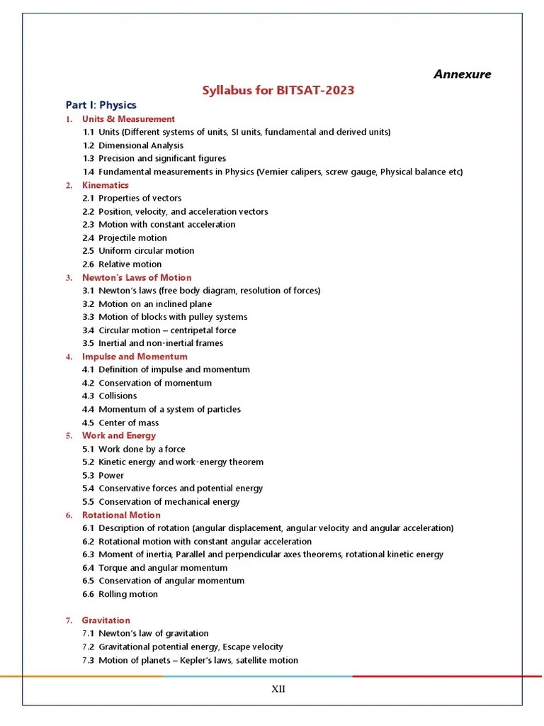 Syllabus For BITSAT2023 Part I Physics PDF Differential Calculus