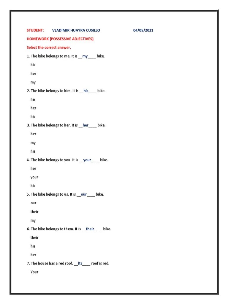 (POSSESSIVE ADJECTIVES) Practica | PDF