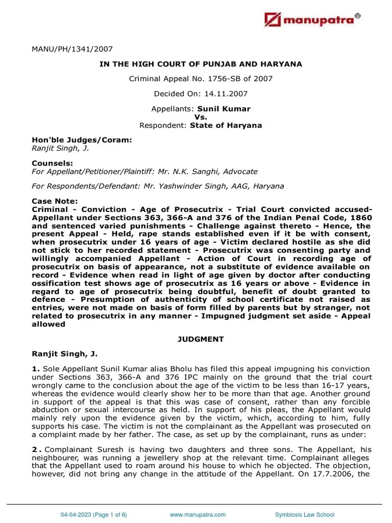Sunil Kumar Vs State of Haryana 14112007 PDF