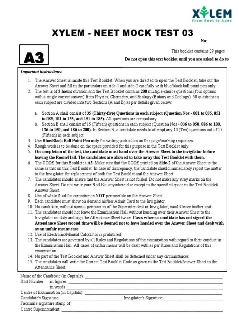Xylem Neet Mock Test 03 PDF