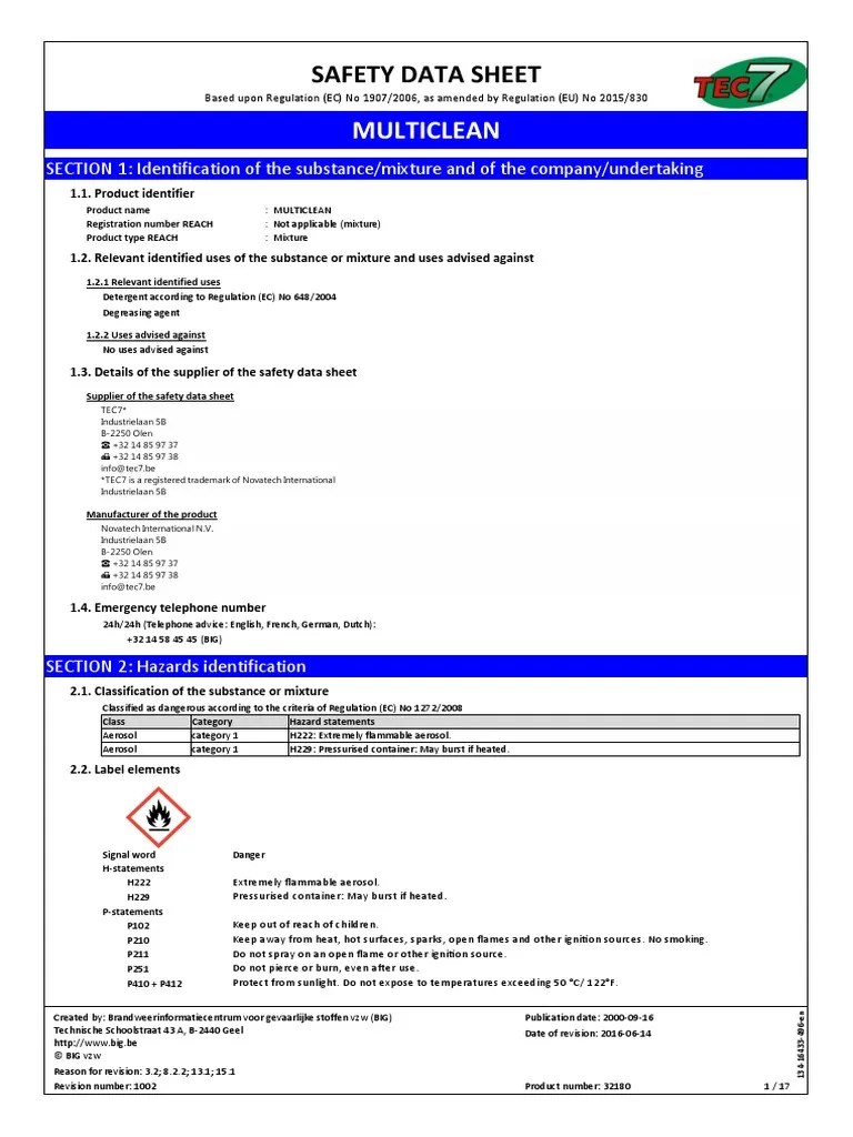 Multiclean Safety Data Sheet EN PDF Personal Protective Equipment