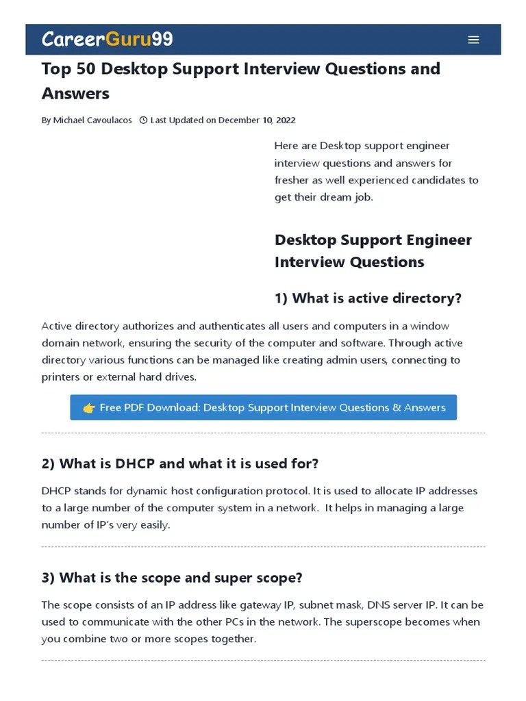 Top 50 Desktop Support Interview Questions and Answers PDF Computer