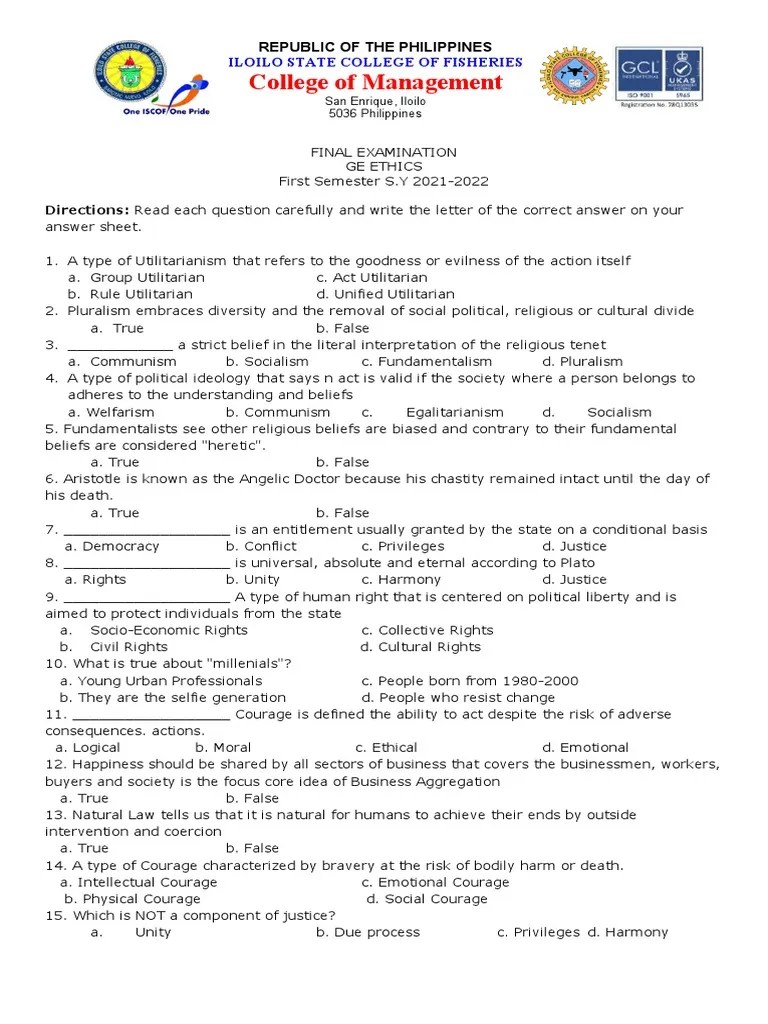 Final Exam Ethics PDF Courage Justice