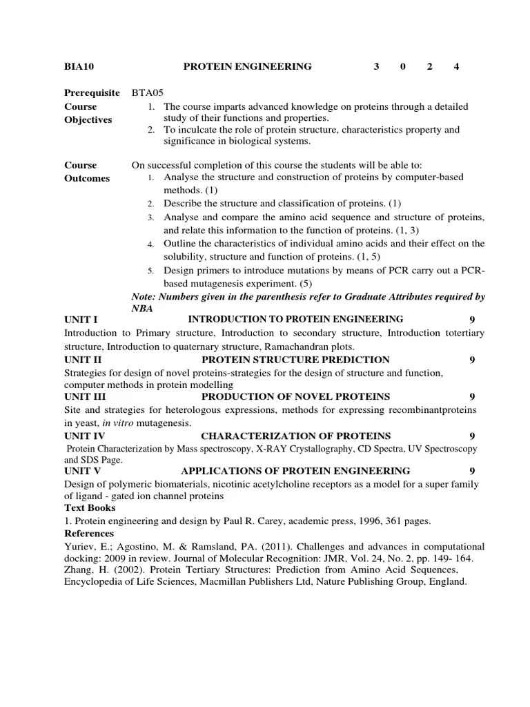 Protein Engineering Syllabus BIA1014 PDF Proteins Protein Structure