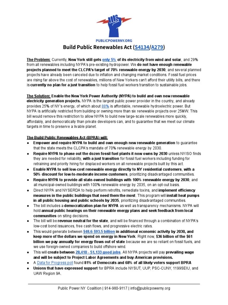 Build Public Renewables Act One Pager For Legislators Download Free