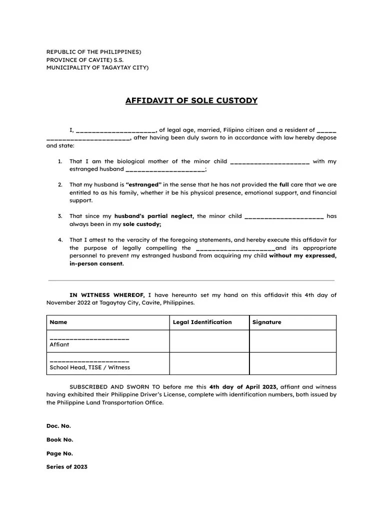 AFF OF SOLE CUSTODY PDF
