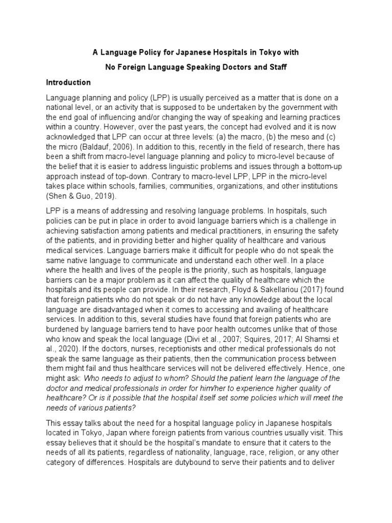 A Language Policy For Japanese Hospitals in Tokyo With No Foreign