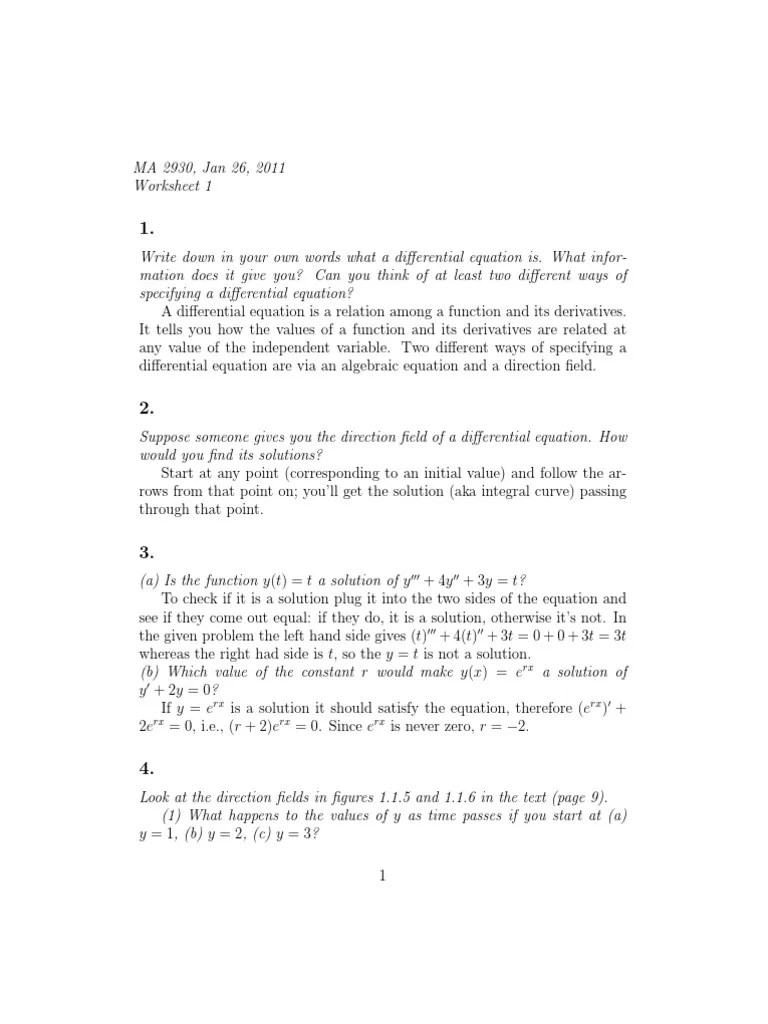 MATH 2930 Worksheet 1 Solutions Equations Physics & Mathematics