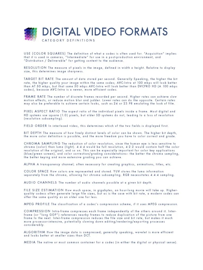 Digital Video Formats Category Definitions PDF Data Compression