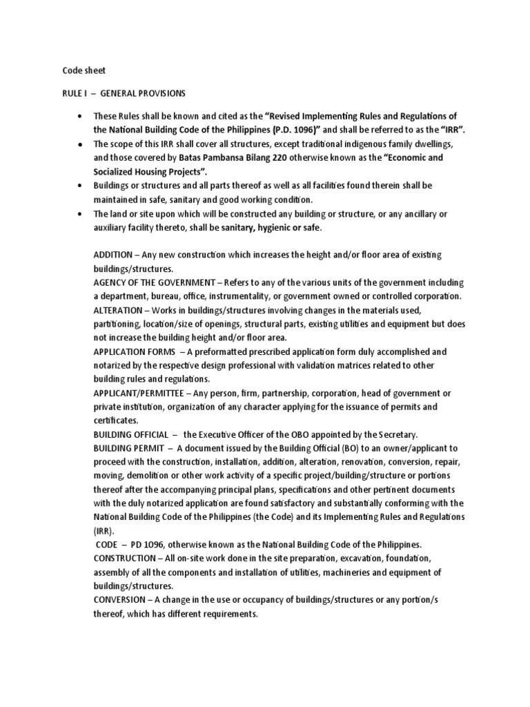 The National Building Code of The Philippines (P.D. 1096) " and Shall Be Referred To As The "IRR
