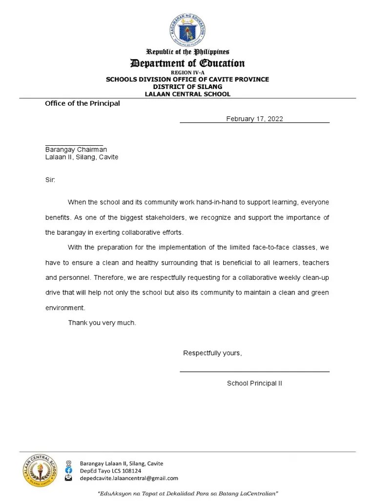 SAMPLE Request Letter For CleanUp Drive PDF