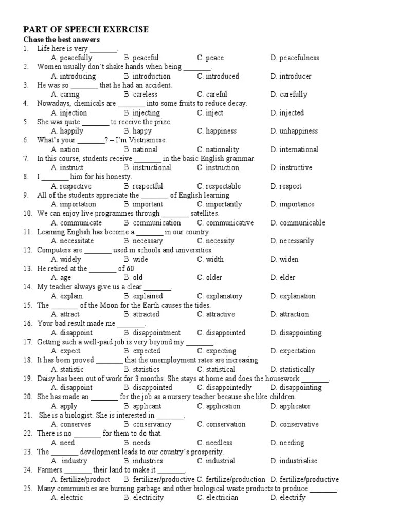 Part of Speech Exercise PDF