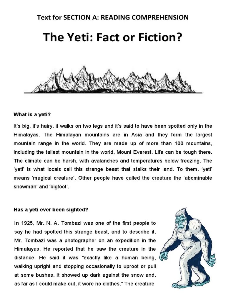English Practice Test Text (The Yeti Fact or Fiction) PDF Yeti