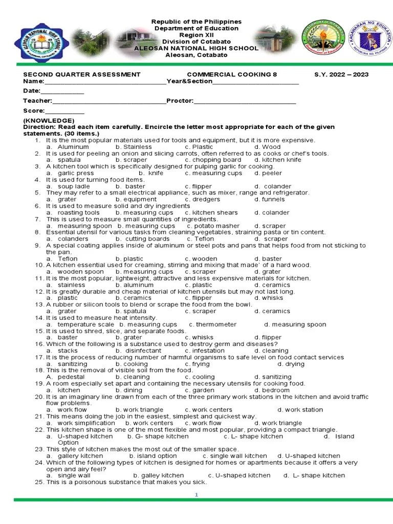 COOKERY 8 EXPLORATORY EXAM With TOS | PDF | Kitchen Utensil | Kitchen