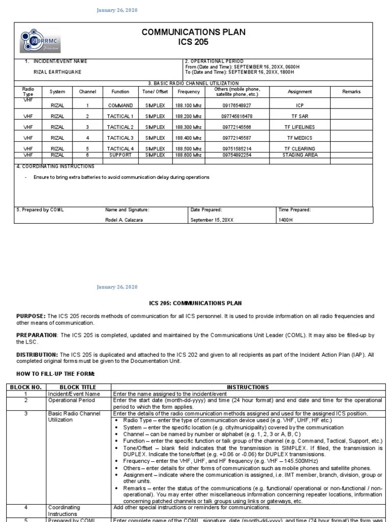 ICS Form 205 PDF Incident Command System Very High Frequency