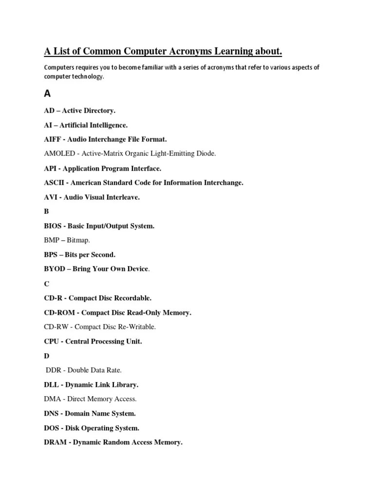 A List of Common Computer Acronyms Learning About PDF Computer