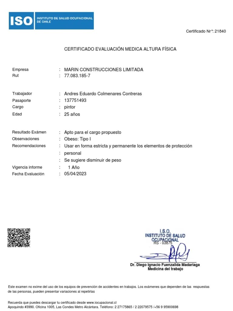 Certificado Nr° 21840 Dr. Diego Ignacio Fuenzalida Madariaga Medicina