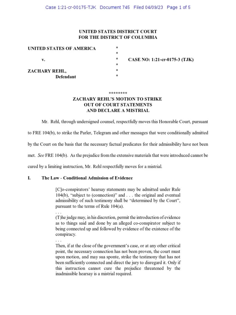 Zachary Rehl Mistrial Motion PDF Evidence (Law) Hearsay