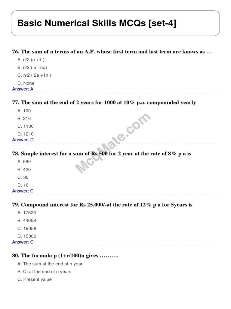 Basic Numerical Skills Solved MCQs (Set4) PDF Statistics