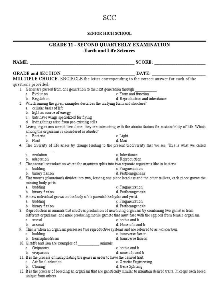 GRADE 11 Earth and Life Sciences Examination PDF Human Body