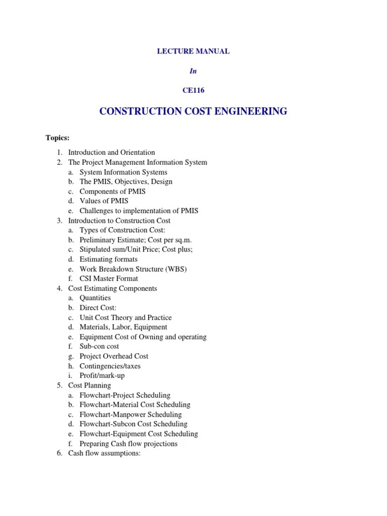 CEM103 LECTURE 01 Construction Cost Estimating Guide PDF Project
