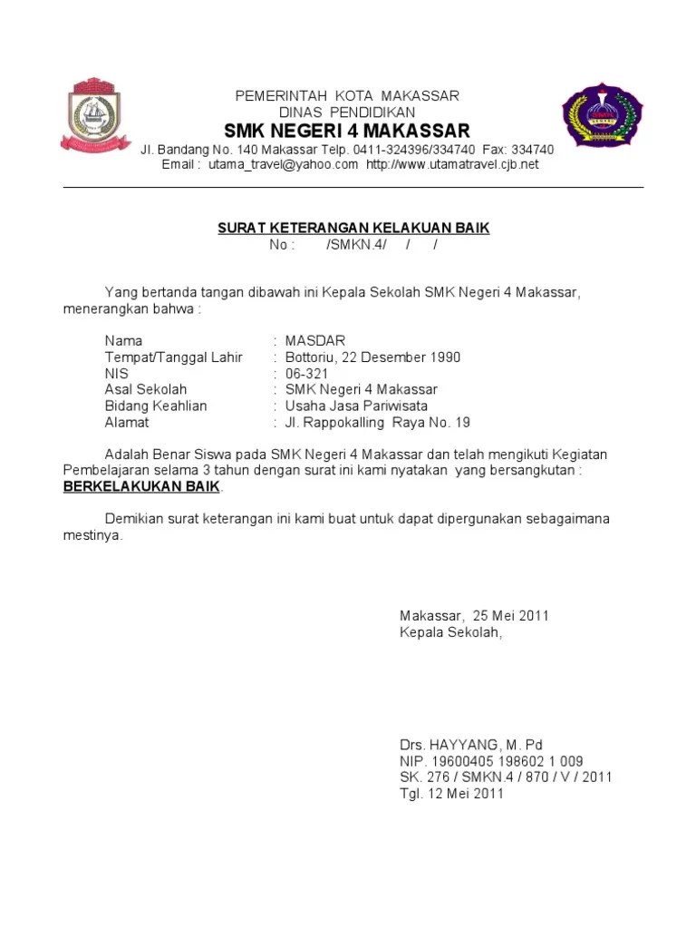 Contoh Surat Kelakuan Baik Dari Sekolah Contoh Resource