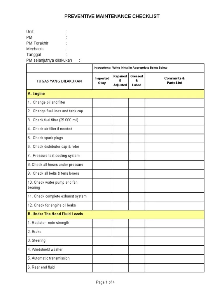 Preventive Maintenance Checklist in PDF Elevator Mechanical