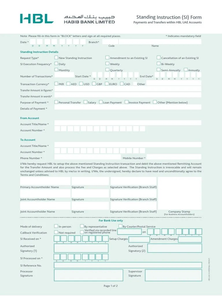 Standing Instructions Form Internal Transfer Download Free PDF