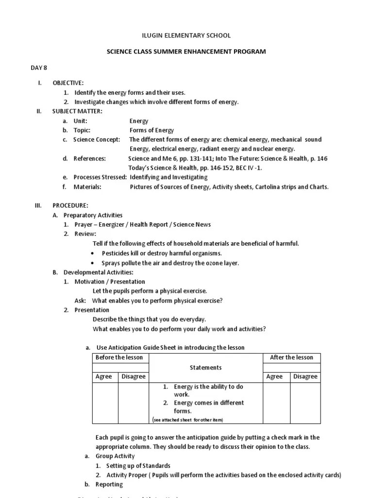 Lesson Plan in Science 6 Forms of Energy and Their Uses. Forms Of Energy