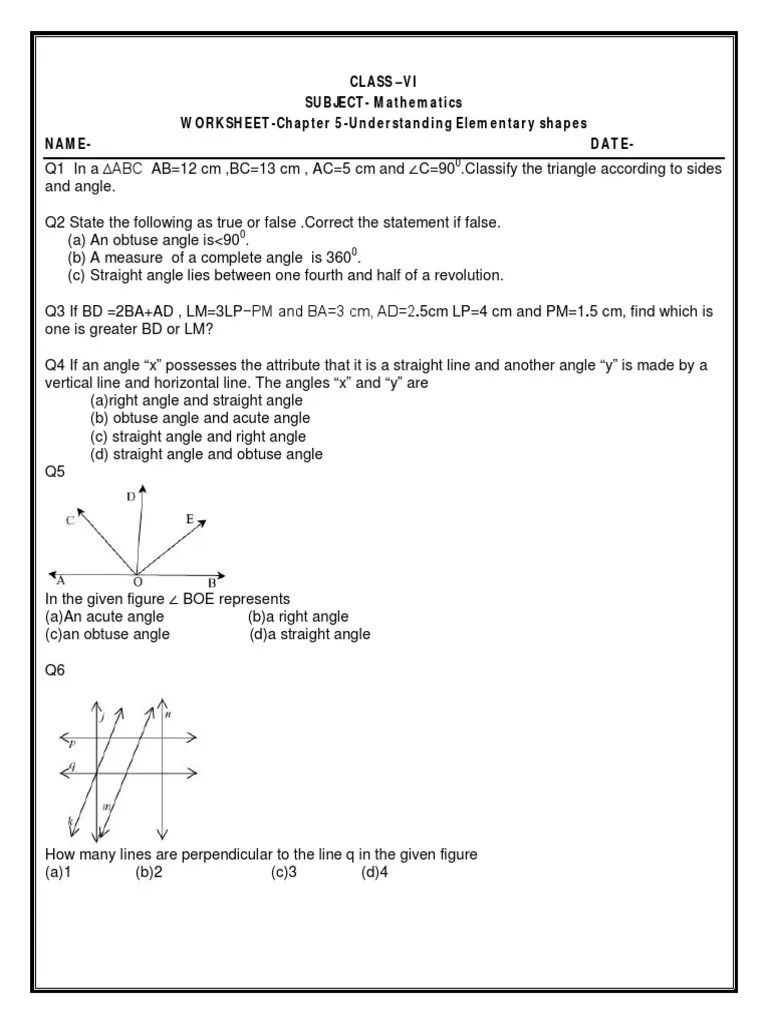 CBSE Class 6 Maths Understanding Elementary Shapes Worksheets PDF