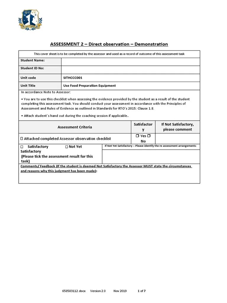 ASSESSMENT 2 SITHCCC001 Use Food Preparation Equipment PDF