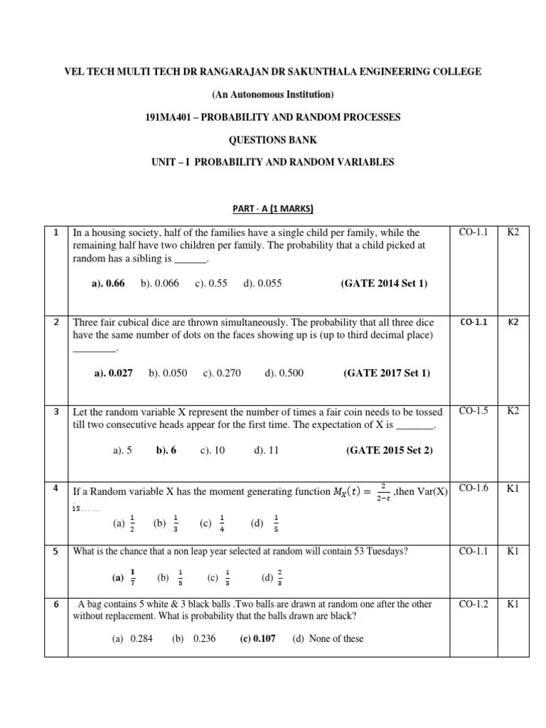 Probability and Random Processes Questions Bank Part A (1 Marks