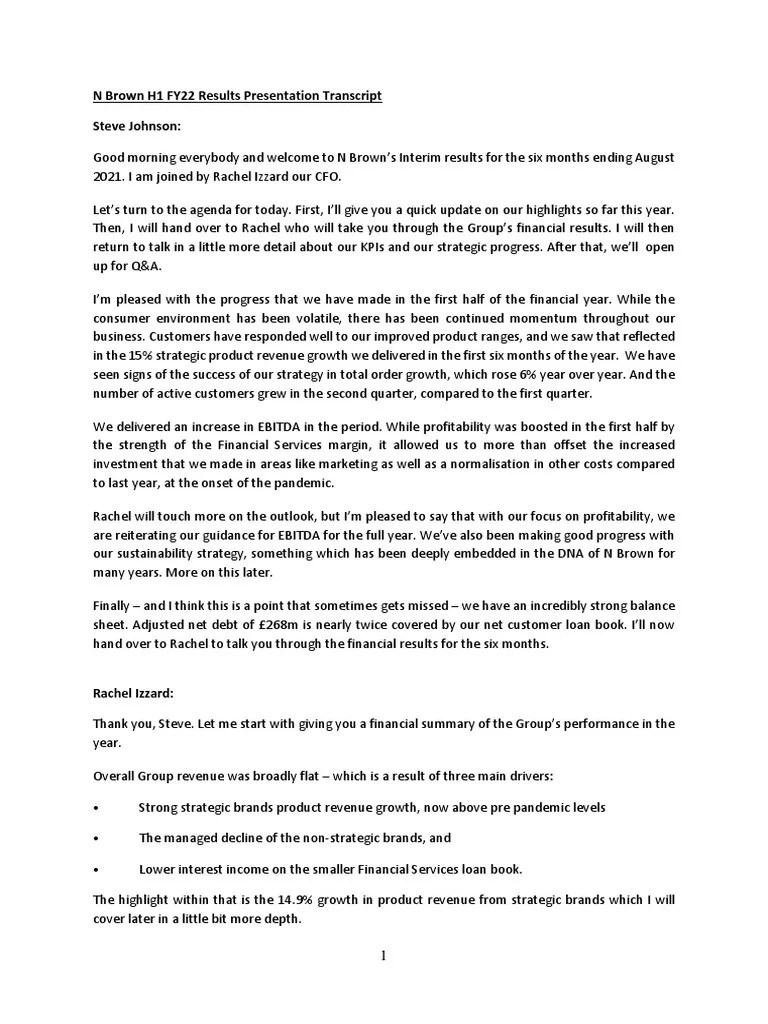 N Brown Transcript First Half Fy22 PDF Brand Debt