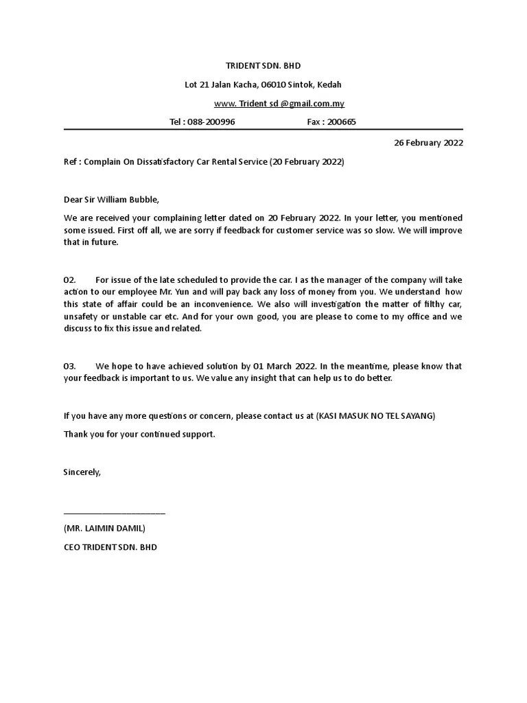 Addressing a Customer Complaint Trident SDN. BHD Responds to Issues