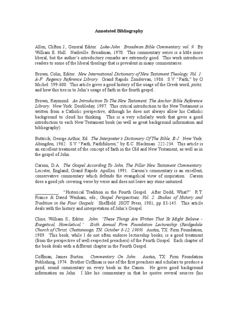 Annotated Bibliography of John New Testament Gospel Of John